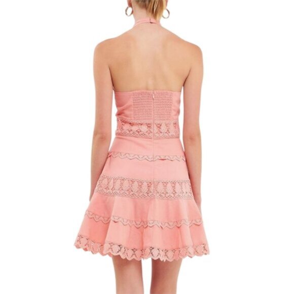 NWT Endless Rose Peach Halter Neck Lace Trim Mini Dress - Picture 3 of 13